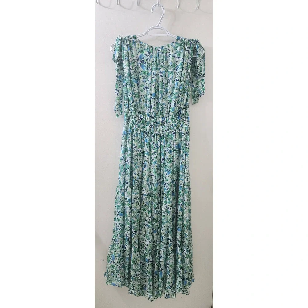 Shoshanna Green Blue Floral Tiered Maxi Dress V-Neck Tie Shoulder 5449164 4